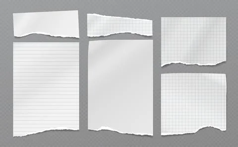 Set of torn white note, notebook paper stripes stuck on grey squared background Illustrazione stock