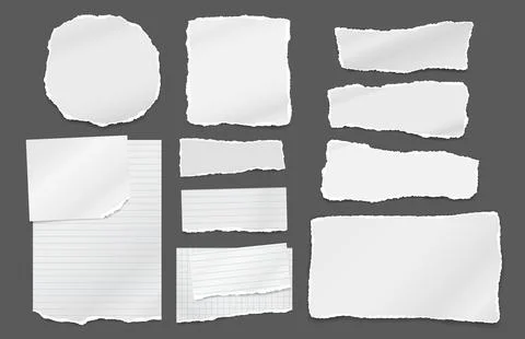 Set of torn white note, notebook paper stripes stuck on dark grey background for Stock Illustration