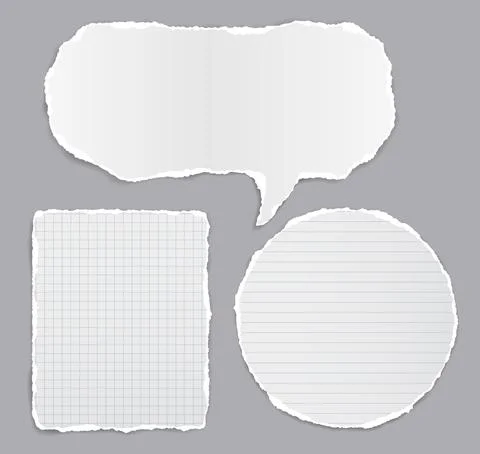 Set of torn white note, notebook paper stripes and speech bubble stuck on dark Stock Illustration