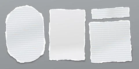 Set of torn white note, notebook paper pieces stuck on dark grey background Stock Illustration