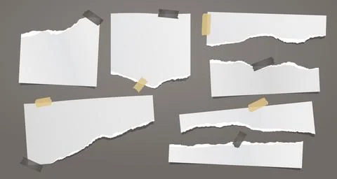 Set of torn white note, notebook paper pieces with sticky tape stuck on dark Stock Illustration
