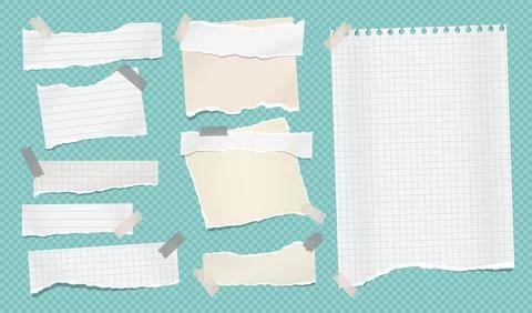 Set of torn white note, notebook paper pieces stuck on turquoise background Stock Illustration
