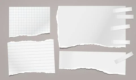 Set of torn white note, notebook paper pieces with sticky tape stuck on light Stock Illustration