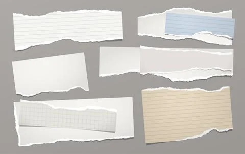 Set of torn white note, notebook paper stripes are on dark grey background for Stock Illustration