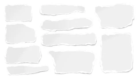 Set of torn white note, notebook paper stripes stuck on white background for Stock Illustration
