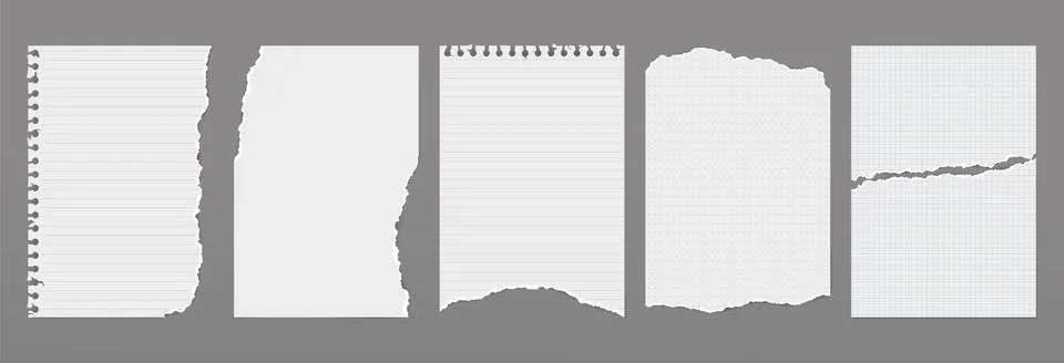 Set of torn white note, notebook paper pieces stuck on dark grey background. Stock Illustration