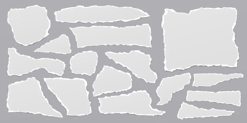 Set of torn white note, notebook paper stripes are on grey background for text. Stock Illustration