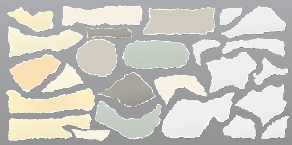 Set of torn white note, notebook paper stripes are on grey background for text. Stock Illustration