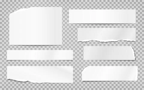 Set of torn white note, notebook paper pieces, reminder tapes stuck on grey Stock Illustration