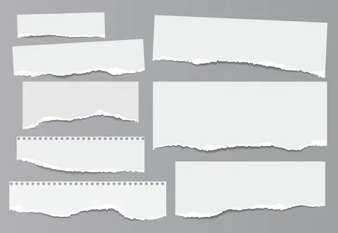 Set of torn white note, notebook paper strips and pieces with soft shadow stuck Stock Illustration