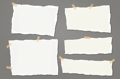 Set of torn white note, notebook paper strips and pieces with soft shadow stuck Stock Illustration