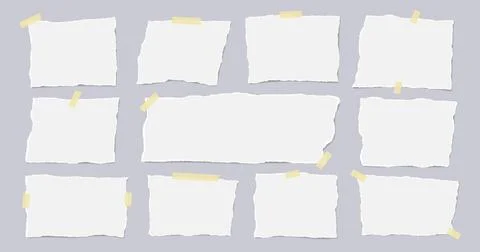 Set of torn white note paper pieces stuck with adhesive tape are on light grey Illustrazione stock