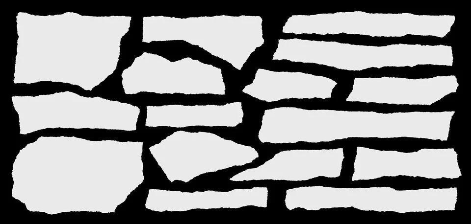 Set of torn white note paper pieces are on black background for text or ad. Stock Illustration