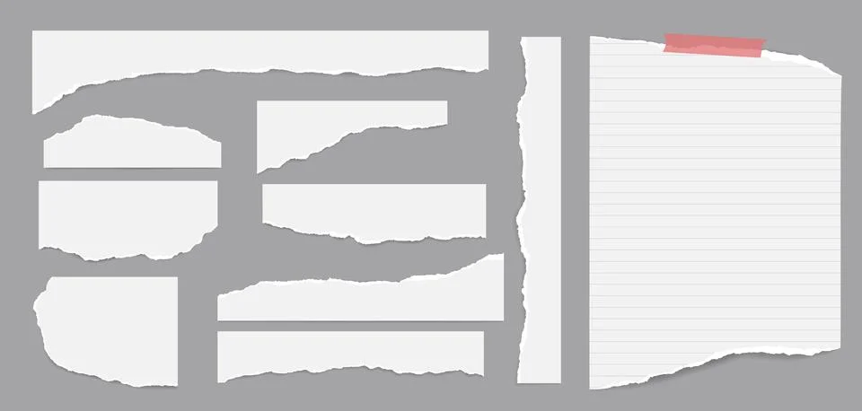 Set of torn white note paper pieces stuck with adhesive tape are on dark grey Illustrazione stock