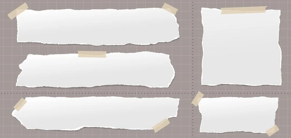 Set of torn white note paper pieces are on brown background for text, notes or Stock Illustration