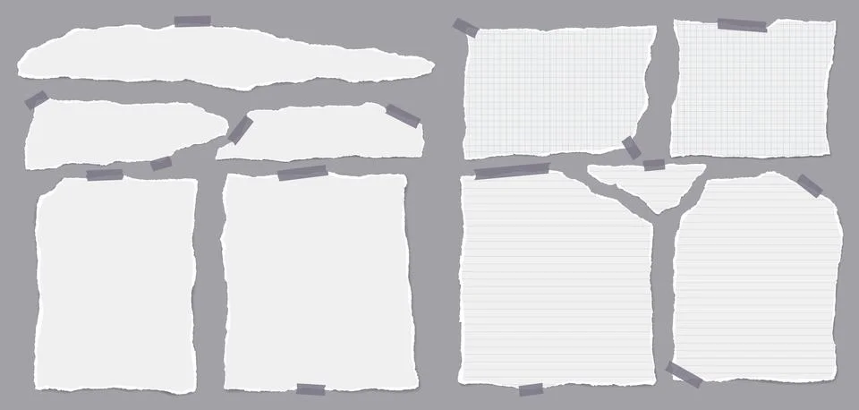 Set of torn white note paper pieces are on brown background for text, notes or Stock Illustration