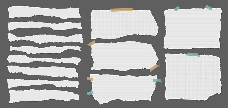 Set of torn white note paper pieces are on brown background for text, notes or Illustrazione stock