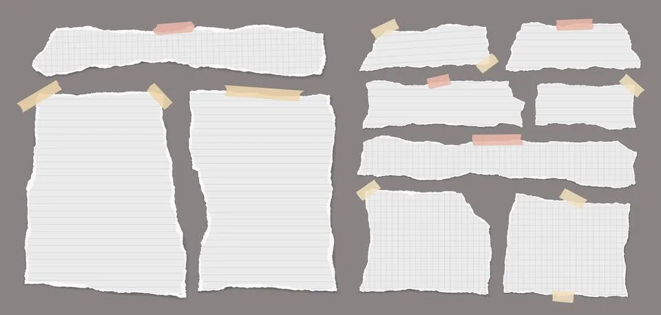 Set of torn white note paper pieces are on brown background for text, notes or Stock Illustration