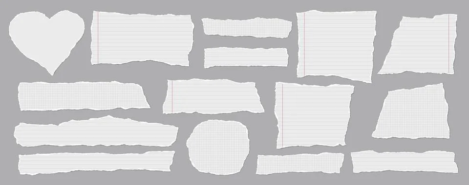 Set of torn white note paper pieces are on grey background for text, notes or ad Stock Illustration
