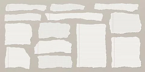 Set of torn white note paper pieces are on brown background for text, notes or Illustrazione stock
