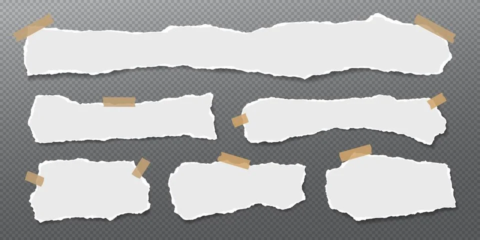Set of torn white note paper pieces are on dark grey background for text, notes Stock Illustration