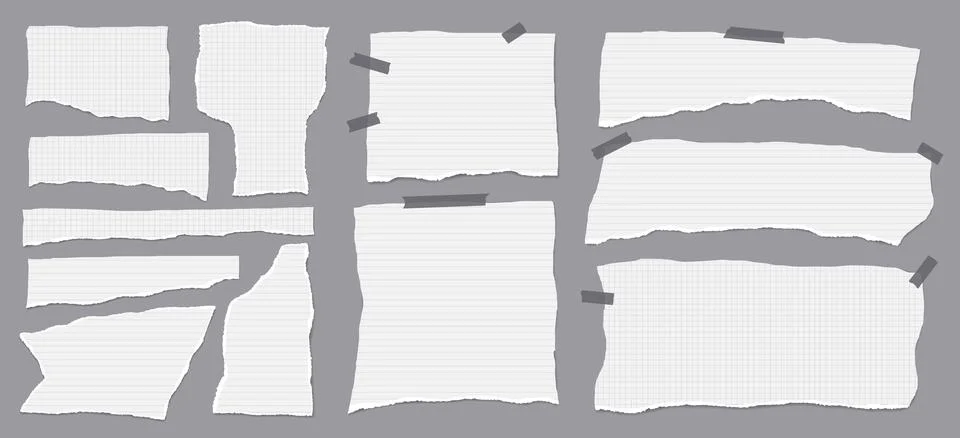 Set of torn white note paper pieces are on grey background for text, or ad. Stock Illustration