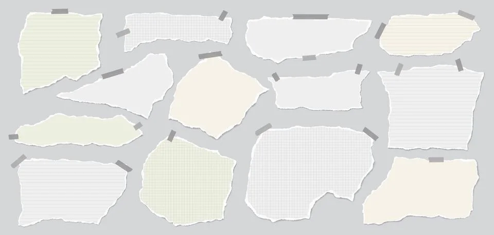 Set of torn white note paper pieces are on brown background for text, notes or Stock Illustration
