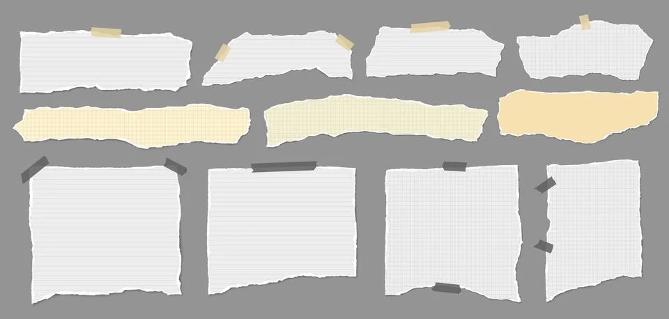 Set of torn white note paper pieces are on brown background for text, notes or Stock Illustration
