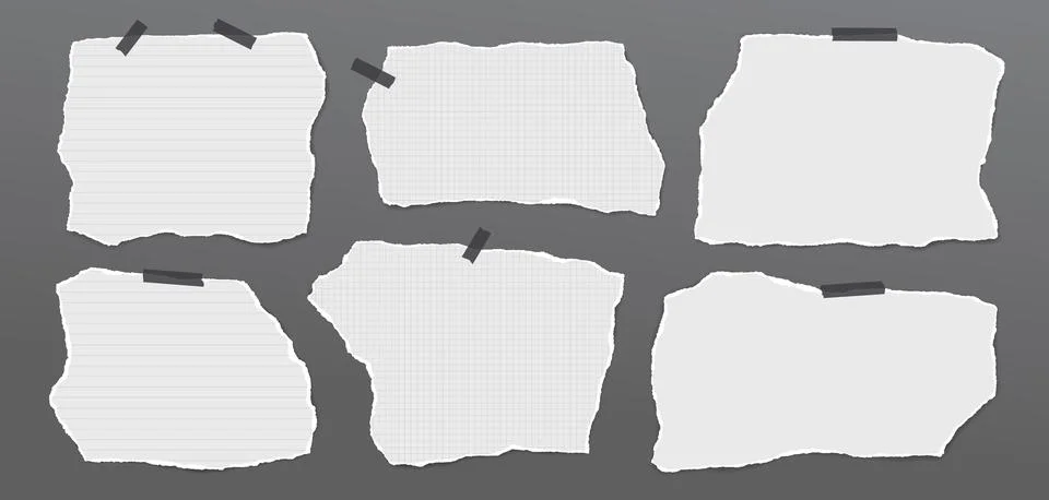 Set of torn white note paper pieces, strips are on dark grey background for text Stock Illustration