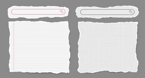 Set of torn white note paper pieces, strips with search bar are on grey Stock Illustration