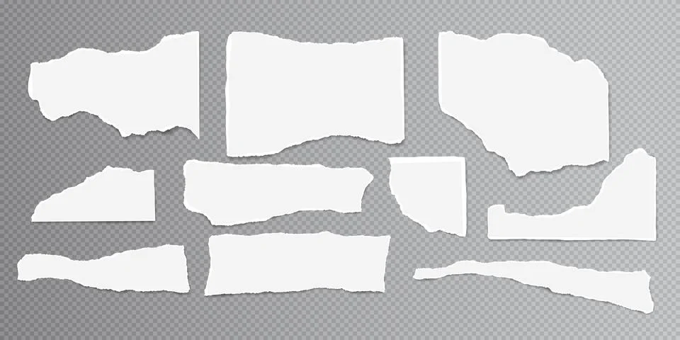 Set of torn white note paper pieces, strips are on grey squared background for Stock Illustration