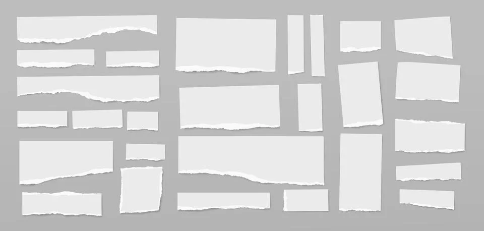 Set of torn white note paper pieces, strips are on gray background for text Stock Illustration