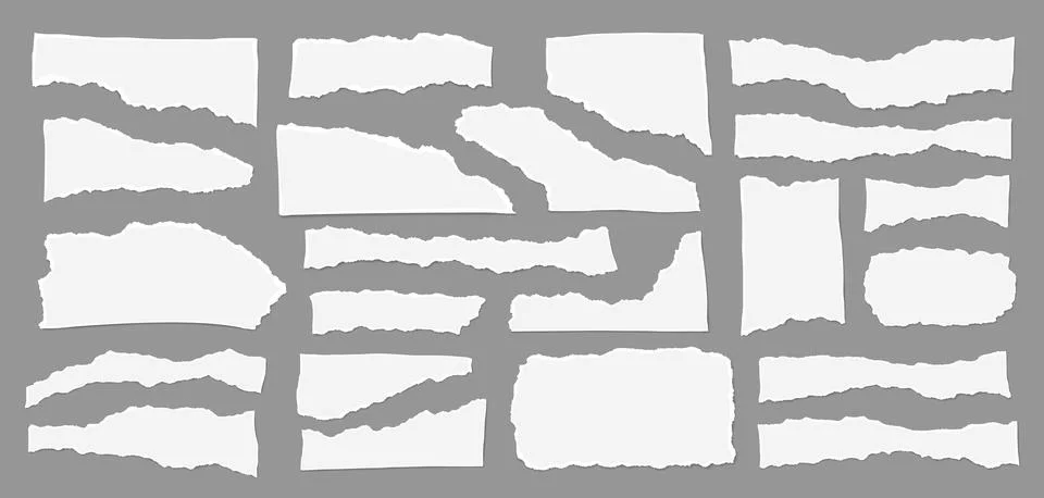 Set of torn white note paper pieces with are on dark grey background for text or Illustrazione stock