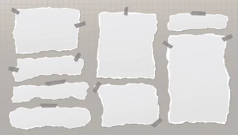 Set of torn white note paper, pieces with sticky tape are on dark grey Stock Illustration