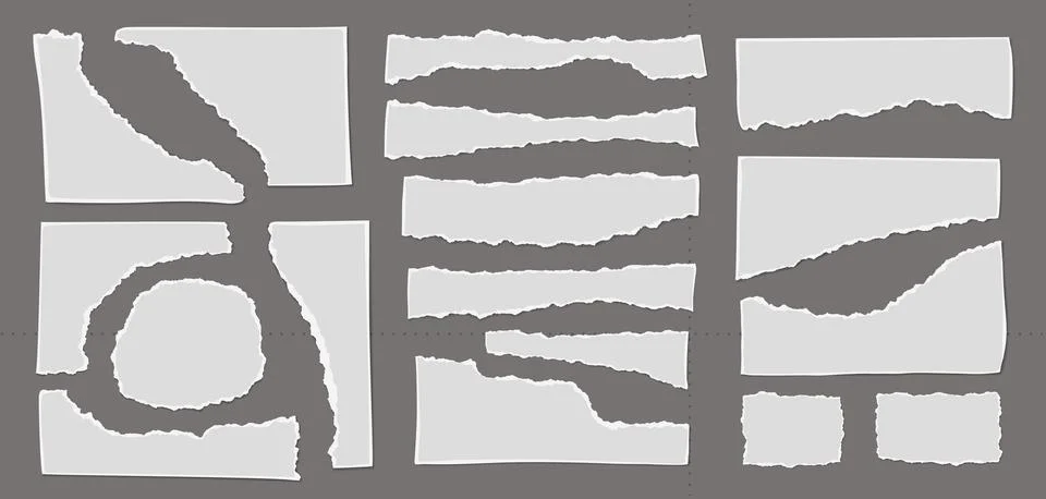 Set of torn white note paper pieces are on dark background for text or ad. Stock Illustration
