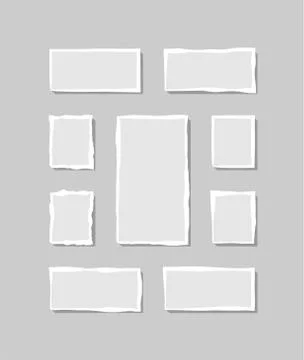 Set of torn white note. Scraps of torn paper of various shapes isolated on gr Stock Illustration