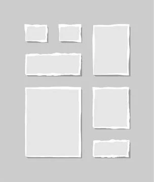 Set of torn white note. Scraps of torn paper of various shapes isolated on gr Stock Illustration
