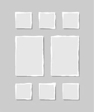 Set of torn white note. Scraps of torn paper of various shapes isolated on gr Stock Illustration
