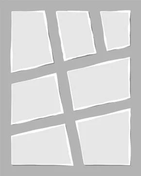 Set of torn white note. Scraps of torn paper of various shapes isolated on gr Stock Illustration