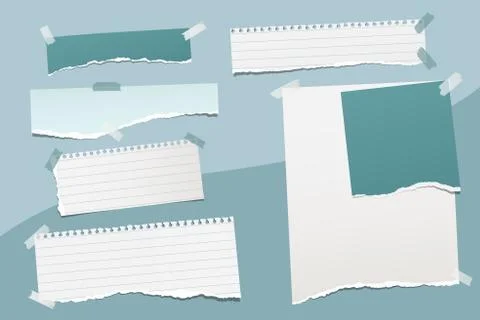 Set of torn, white, turquoise note, notebook paper strips and pieces stuck on Stock Illustration