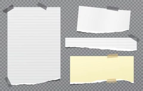 Set of torn white, yellow note, notebook paper strips and pieces stuck on Stock Illustration