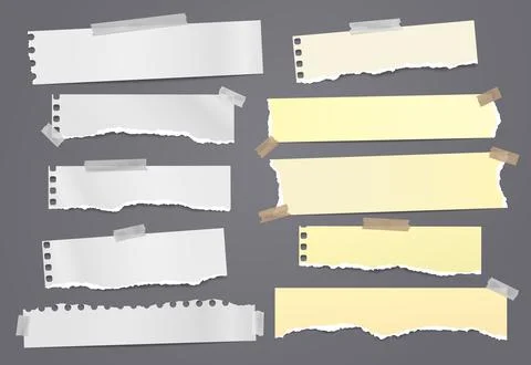 Set of torn white, yellow note, notebook paper pieces stuck on dark grey Stock Illustration