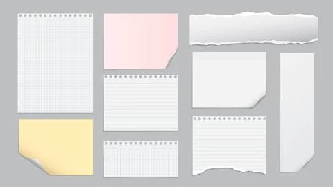Set of torn white, yellow note, notebook paper pieces stuck on light grey Stock Illustration