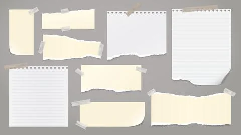 Set of torn white, yellow note, notebook paper pieces stuck on dark grey Stock Illustration
