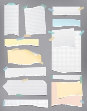 Set of torn white, yellow note, notebook paper pieces stuck on dark grey Stock Illustration