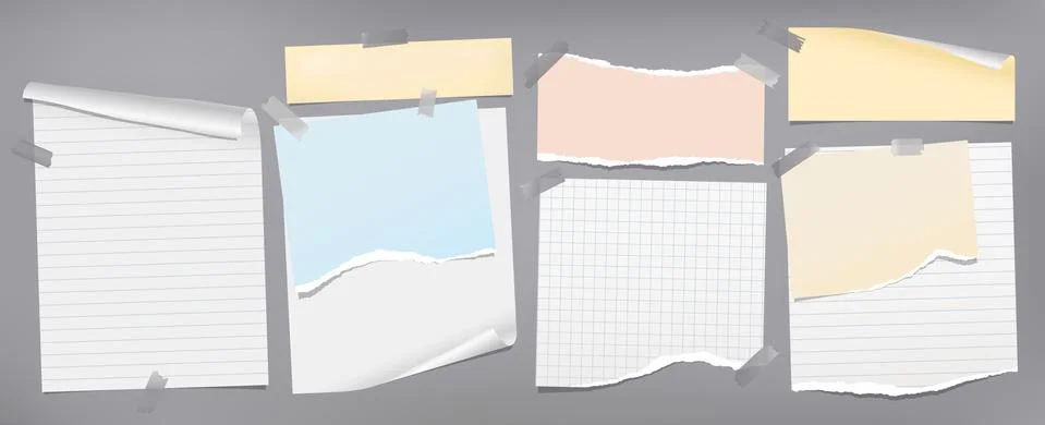 Set of torn white, yellow note, notebook paper pieces stuck with sticky tape on Stock Illustration