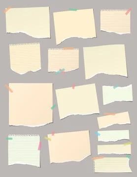 Set of torn yellow note, notebook paper pieces stuck with sticky tape on gray Stock Illustration