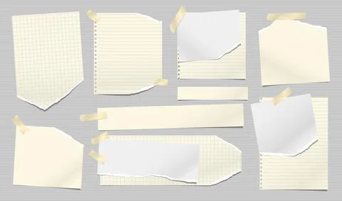 Set of torn yellow note, notebook paper stripes are on grey lined background for Stock Illustration