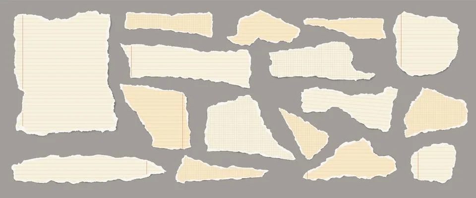 Set of torn yellow note paper pieces, strips are on dark grey background for Stock Illustration