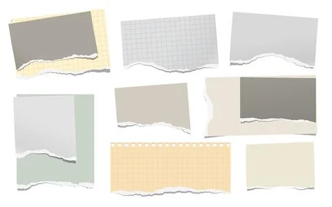 Set of torn yellow paper stripes and note, notebook sheet stuck on white Stock Illustration